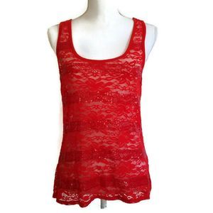 Red Cami Tank Top Selena Gomez Lace & Sequins